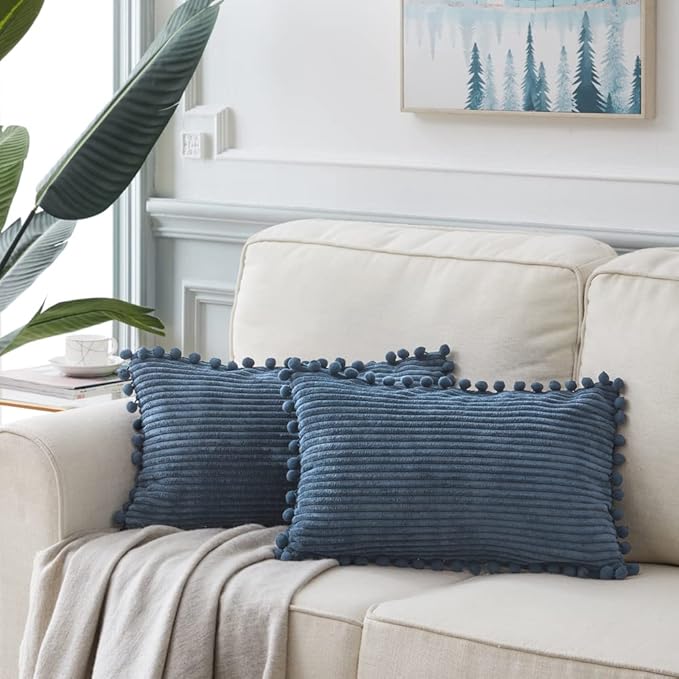 Fancy Homi Pack of 2 Dusty Blue Decorative Throw Pillow Covers 12x20 Inch with Pom-poms for Living Room Couch Bedroom, Soft Corduroy Solid Lumbar Cushion Case 30x50 cm, Rustic Farmhouse Home Decor