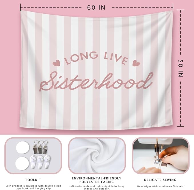 LIANGW Preppy Long Live Sisterhood Pink Striped Girls Room Decor - Tapestry Aesthetic for Bedroom, Coquette Preppy Room Decor for Girly Nursery Toddler Playroom Bedroom Dorm Apartment 50x60 inches