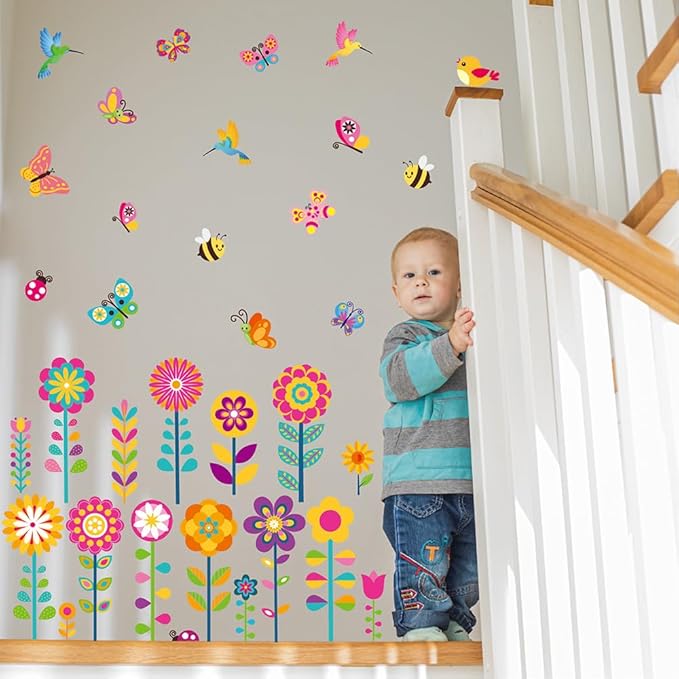 124 Pcs Spring Garden Wall Decals – 16 Sheets Waterproof Vinyl Flower Stickers for Baseboard Skirting Board, Peel and Stick Floral Decals with Butterflies Bees Birds for Nursery Kids Room Classroom