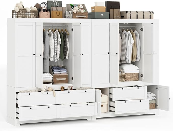 8 Door Large Wardrobe Closet 71" Tall White Wooden Freestanding Storage Armoire – Oversize Capacity Modular Cabinet with Drawers, Space-Saving Durable Design for Bedroom & Closet Organization