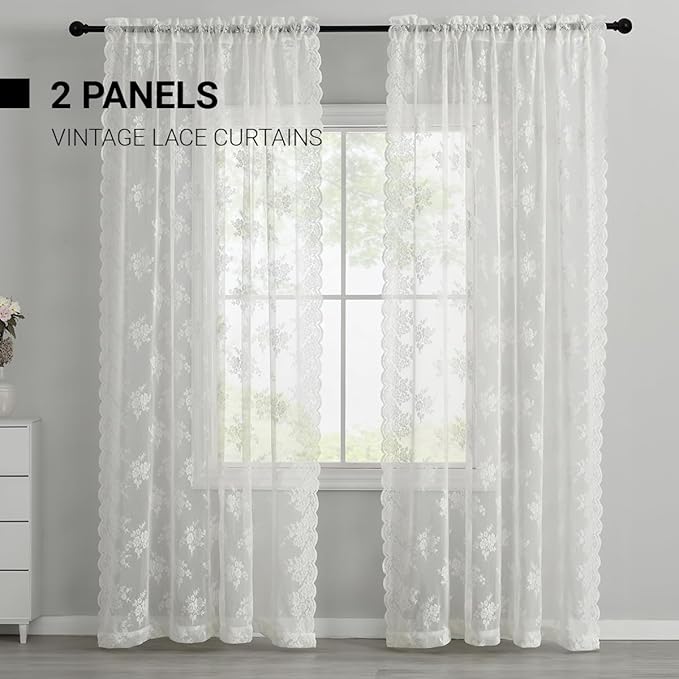 Kotile Lace Curtains 45 Inch Length - Short Lace Curtains for Kitchen Window, Vintage Sheer Cafe Curtain 2 Panels, Rod Pocket Rustic Floral Short Drapes, 52 x 45 Inch, 2 Panels, Ivory