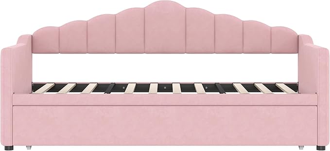 SOFTSEA Twin Velvet Daybed with Pop Up Trundle, Upholstered Extendable Corner Bed with USB Ports & Storage Pockets, Twin to King Daybed Frame with Storage for Kids Teens Adults, Pink