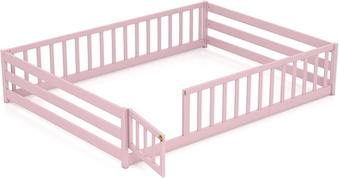 KOMFOTT Full Size Wood Floor Bed with Door & Fence, Montessori Bed Frame with Full Length Safety Guardrails, Door & Latch, Wooden Montessori Floor Bed for Kids, Girls, Boys (Full,Pink)