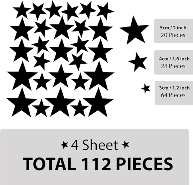112 Pcs Black Star Wall Decals β Peel and Stick, Removable Vinyl Stickers for Kids Rooms, Nurseries & Home Decor (Matte Black Stars, Self-Adhesive)
