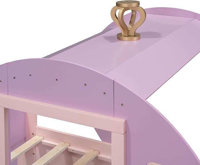 Twin Size Princess Carriage Bed Frame for Boys Girls Kids Toddler with Crown, Wood Platform Car Bed with Stair, Purple+Pink