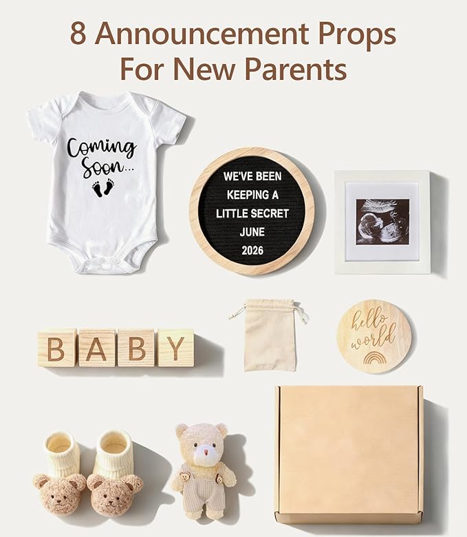 Pregnancy Announcement, Baby Announcement Ideas Set Include Letter Board, Baby Bodysuit, Booties, Sonogram Frame, Wooden Sign, Bear & Wood Blocks, Gender Reveal Photo Props Coming Soon Announcement