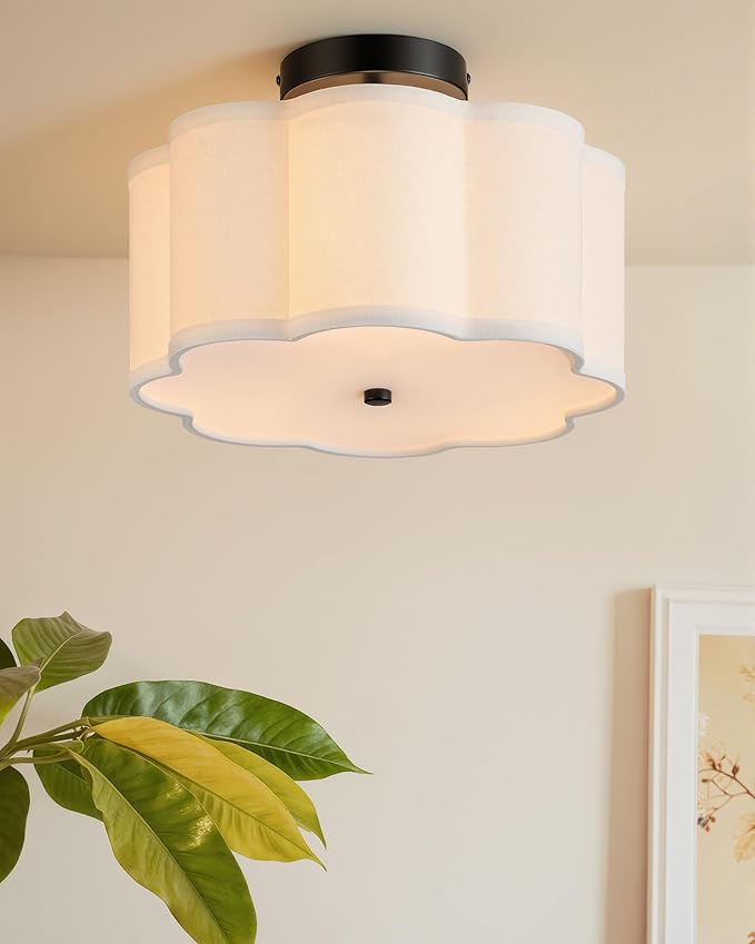 VONLUCE Semi-Flush Mount Ceiling Light, 12.6" Modern 3-Light Ceiling Light Fixture with White Petal-Shaped Shade 3 E26 Sockets for Bedroom Entryway Living Room, Black Finish, ETL Certificated