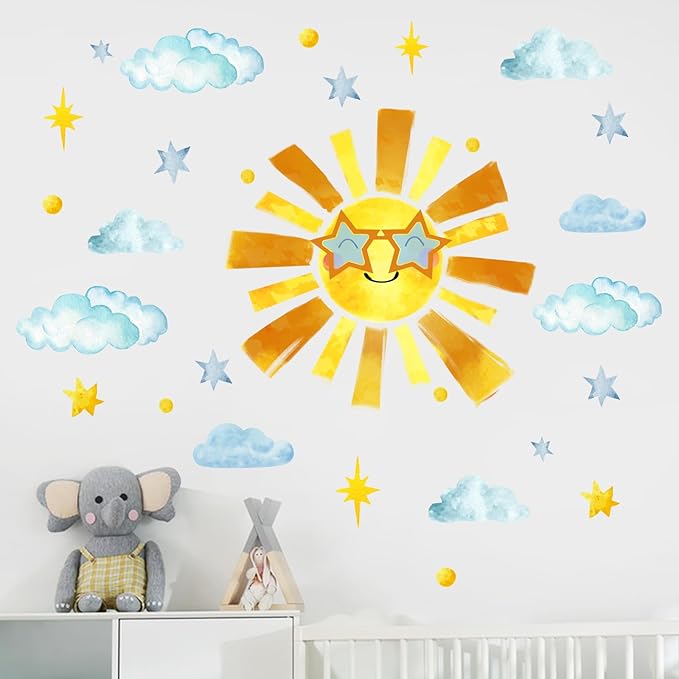 Mfault Sun Sunshine Wall Decals Stickers, Cute Watercolor Cloud Stars Nursery Decorations Kids Bedroom Art, Neutral Toddlers Room Playroom Decor