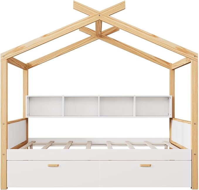 Full Size Wooden House Bed with Twin Size Trundle and Bookshelf Storage Space, Original Wood Colored Frame with Roof and Slats Support for Kids Teens Girls Boys Bedroom (White+Trundle, Full)