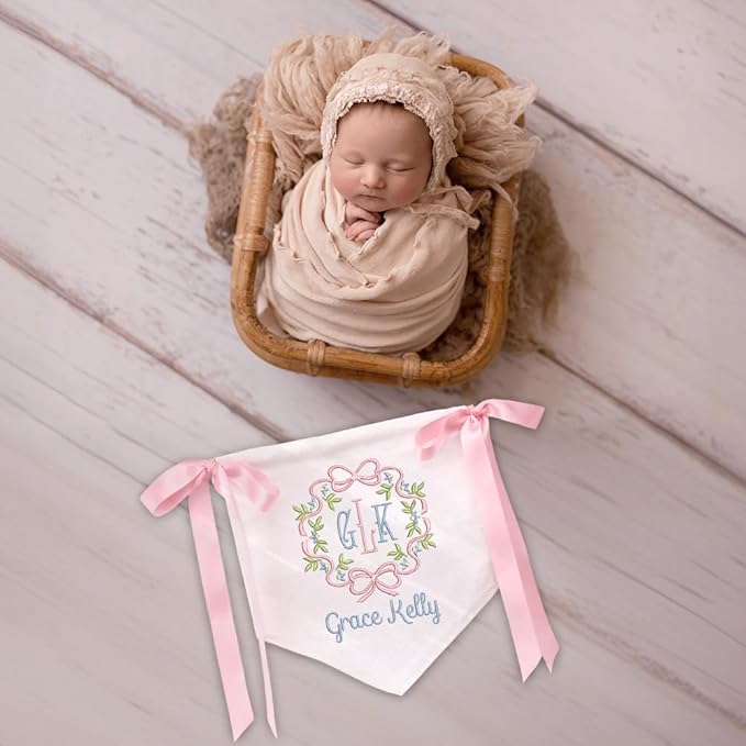 Embroidered Baby Name Sign Personalized Baby Announcement Sign Newborn Baby Banner with Bows Baby Hospital Name Sign Canvas Hanging Pennant Flag Custom Infant Baby Name Baby Shower Banner (13)