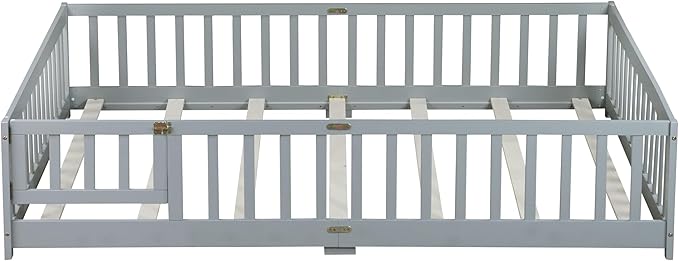 Queen Size Floor Bed with Door & Fence for Kids Boys Girls,Montessori Floor Bed with Roof & Full-Length Guardrails,Easy Assembly & No Box Spring Needed, Grey