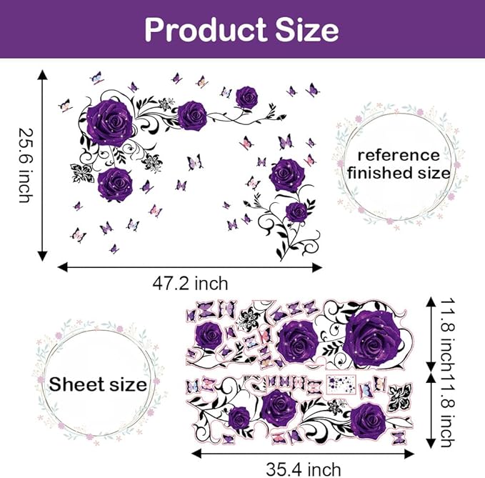 Supzone Purple Rose Wall Stickers Rose Flower Vine Wall Decal Purple Peony Floral Wall Decor DIY Vinyl Mural Art for Bedroom Living Room Sofa Backdrop