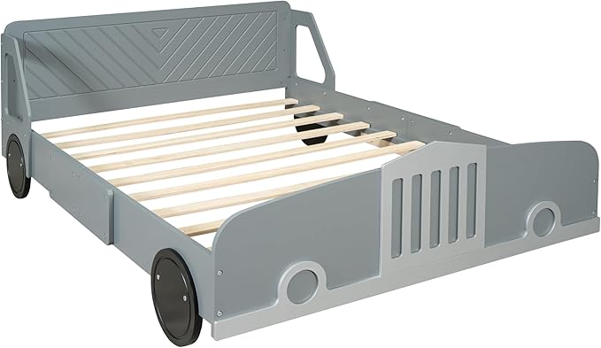 Full Size Car-Shaped Platform Bed with Wheels, Solid Wood Car Bed Frame with Strong Slatted Support for Kids Teens Boys Girls Bedroom, Fun Play Design Kids Floor Bed (Gray-WL55)