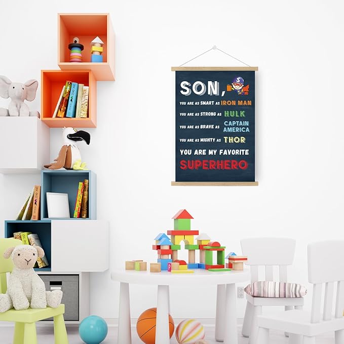 Qswo Son You Are My Favorite Superhero Wall Art Poster Hanger Frame,Inspirational Gifts for Son,Superhero Hanging Canvas Wall Decor for Boys Room Dorm Nursery