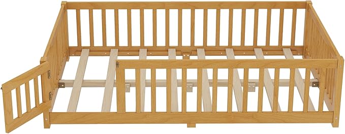 Bellemave Full Size Montessori Floor Bed Frame with Rails & Door, Solid Wood Kids Floor Bed Full with Removable Slats, Low Profile Montessori Bed for Childrenâs Sleep & Play, Natural