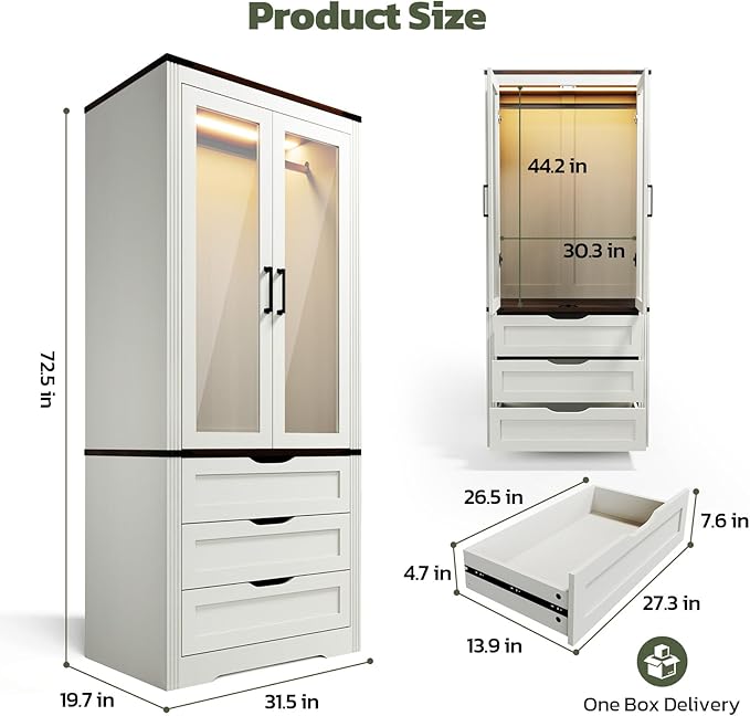 Concho 73'' Tall Farmhouse Armoire Wardrobe Closet with LED Light, Wood Wardrobe Closet with 2 Doors 3 Drawers, Freestanding Bedroom Armoire Clothing Storage Cabinet, Antique White