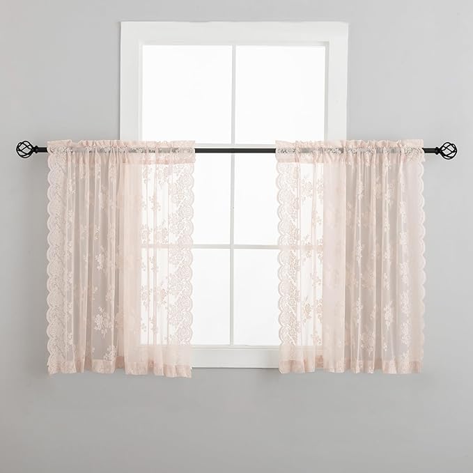 Blush Pink Lace Curtains 45 Inch Length, 2 Panels, W42 x L45 Inch Each, Country Rustic Floral Coquette Sheer Lace Curtains for Kitchen Window Rod Pocket Light Filtering Privacy Short Lacy Tier Curtain