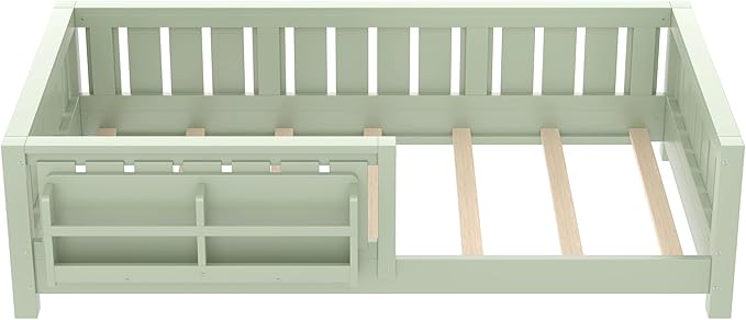 Bellemave Twin Floor Bed with Slats and Safety Guardrail, Twin Size Montessori Floor Bed with Fence and Built-in Bookshelf, Easy Assemble Montessori Beds for Kids, Girls, Boys, Green