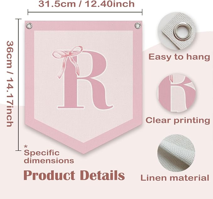 Lacama Initial Personalized Preppy Banner, Baby Girl Nursery Shower Decor Gifts, Coquette Pink Bow Teen Girl Gifts, Vintage Room Decor Toddler Room Bedroom Playroom Front Door Birthday Gift(R)