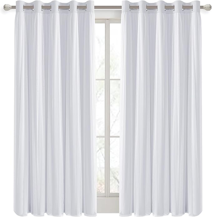 DWCN White Blackout Curtains with Sheer Overlay Thermal Insulated Mix & Match Double Layer Window Panels for Bedroom Living Room Drape Sewn with Tiebacks Grommet Top 60" Wx84 Lx2