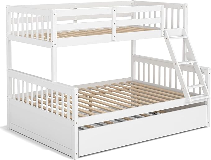 KOMFOTT Wood Twin Over Full Bunk Bed with Trundle, Bunk Bed Frame with Solid Pine Wood Frame, Space-Saving Bed Frame with Ladder & Safety Guardrails, No Box Spring Needed