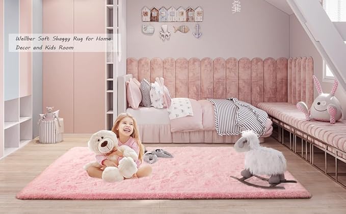 Merelax Soft Modern Indoor Large Shaggy Rug for Livingroom Bedroom Dorm Kids Room Home Decorative, Non-Slip Plush Fluffy Furry Fur Area Rugs Comfy Nursery Accent Floor Carpet 6x9 Feet, Pink
