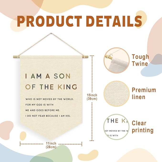 Homeschool Decor Boy Nursery Decor, I am a Son of the King Banner, Christian Religious Bible Verse Wall Hanging Pennant Flag for Boys Bedroom Playroom, Inspirational Wall Decor