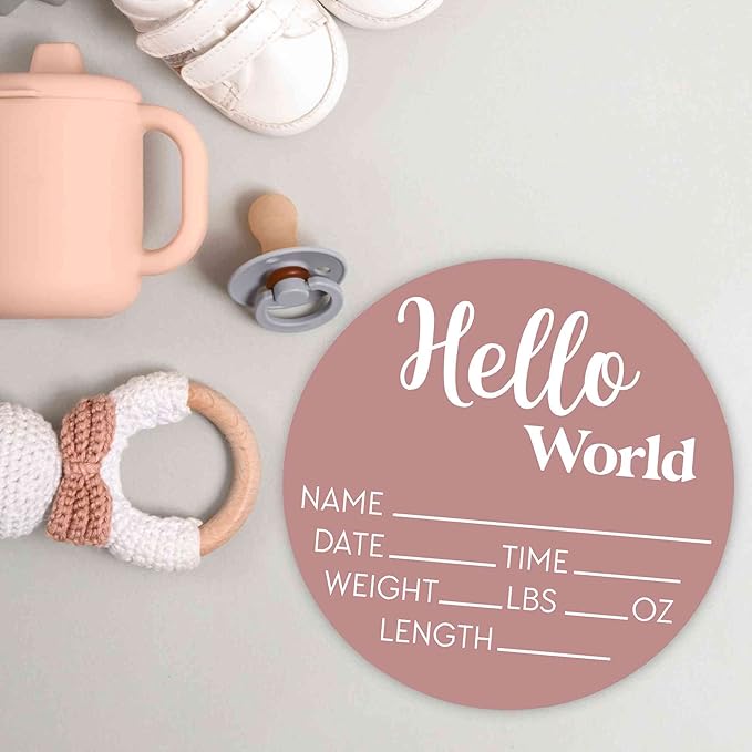 Hello World Newborn Sign - Baby Name Birth Announcement Plaque for Hospital - Photo Prop - Desert Rose Pink Nursery Decor - Shower Gift