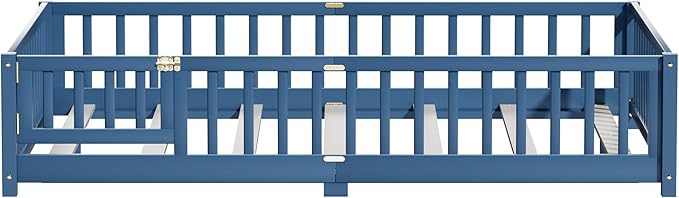 i-POOK Queen Floor Bed Frame with Wood Slats, High Fence & Small Door, Pinewood Montessori Floor Bed for Girls and Boys, Mist Blue