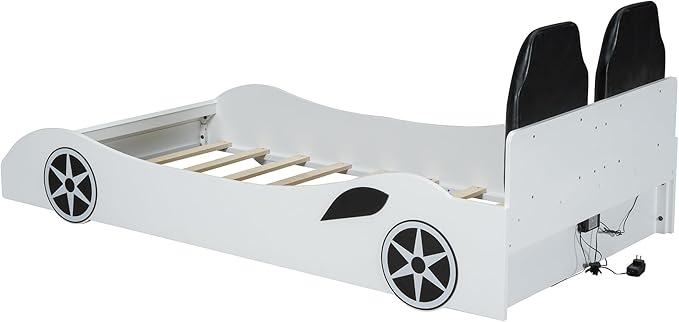 Kids Car Bed Frame Twin Size Car-Shaped Platform Bed with LED Lights and Upholstered Backrest, Solid Wood Car Bed Frame with Wheels and Guardrails for Boys Girls, White