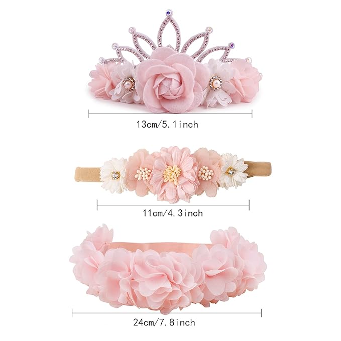 Baby Girl Floral Headbands- 3pcs Nylon Headband Handmade Flower Crown Elastic Hairband Newborn Toddler Hair Accessories Gifts for Girls (1-6 years old)