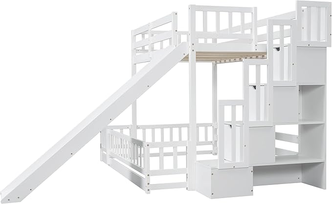 Twin Over Full Bunk Bed with Slide, Solid Wood Bunk Bed with Safety Guardrails and Storage Staircase for Kids Teens Boys Girls Bedroom, Space Saving Design (White-30c)