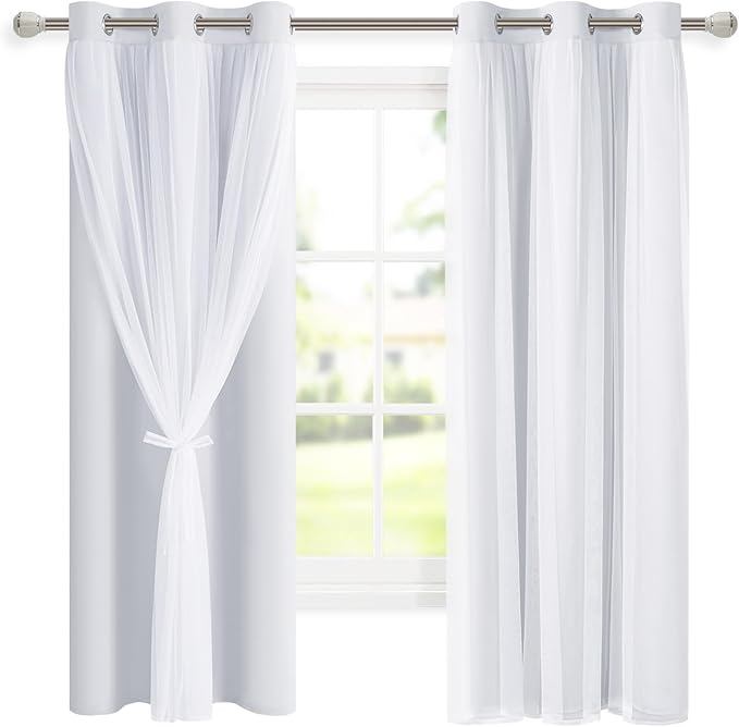 DWCN White Blackout Curtains with Sheer Overlay Thermal Insulated Mix & Match Double Layer Window Panels for Bedroom Living Room Drape Sewn with Tiebacks Grommet Top 38" Wx63 Lx2