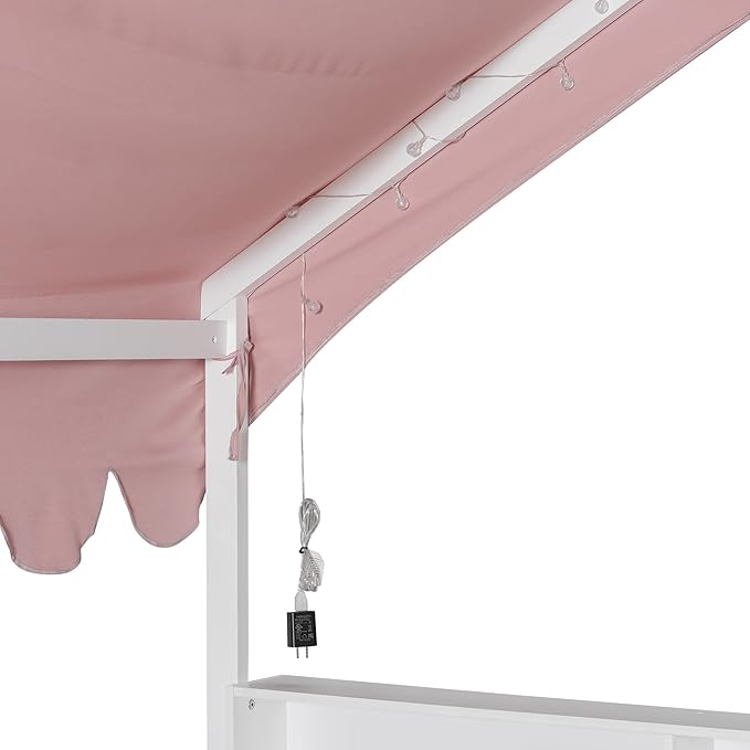 Merax Full Size Montessori Floor Bed for Kids Toddler, House Shaped Kids Full Bed Frame with Safety Guardrail, Curtain & Lights, Side Storage Bookshelves, Solid Wood Slats, Easy Assembly, Pink