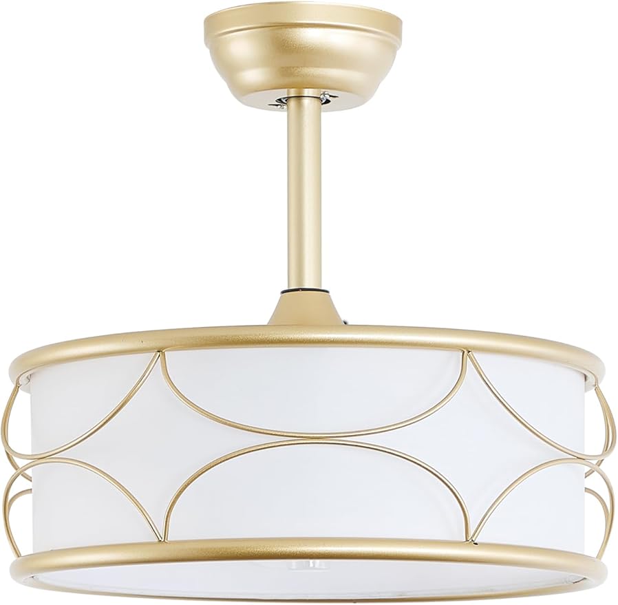 18" Gold Fandelier Ceiling Fan with Light, Fabric Boho Chandelier Ceiling Fans with Lights Remote Control, Mid-Century Modern Caged with 6 Speeds for Bedroom, Nursery (FS-BG02)