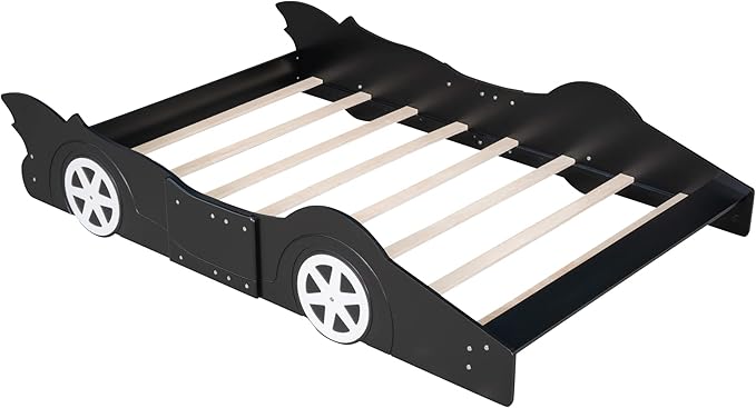 Full Size Race Car-Shaped Platform Bed Bedframe with Wheels, 87.4" L x 55.3" W x 16.1" H Black