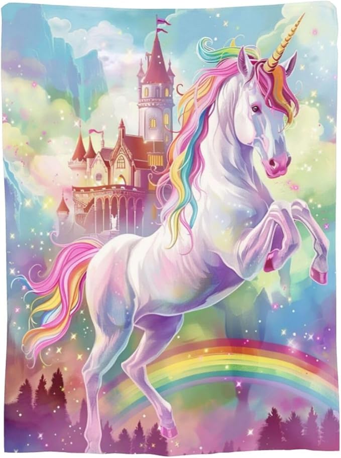 Unicorn Blanket Castle Rainbow Throw Blanket Pink Flannel Stuff Merch Cozy Decor Fleece Soft Plush Fuzzy Warm Lightweight Bedding Unicorn Lover Gifts for Kids Women Girl Boy Couch 60"X50"