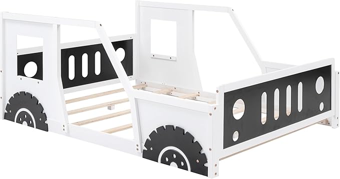 Full Size Classic Car-Shaped Platform Bed Frame for Boys Girls Kids Toddler with Wheels,White