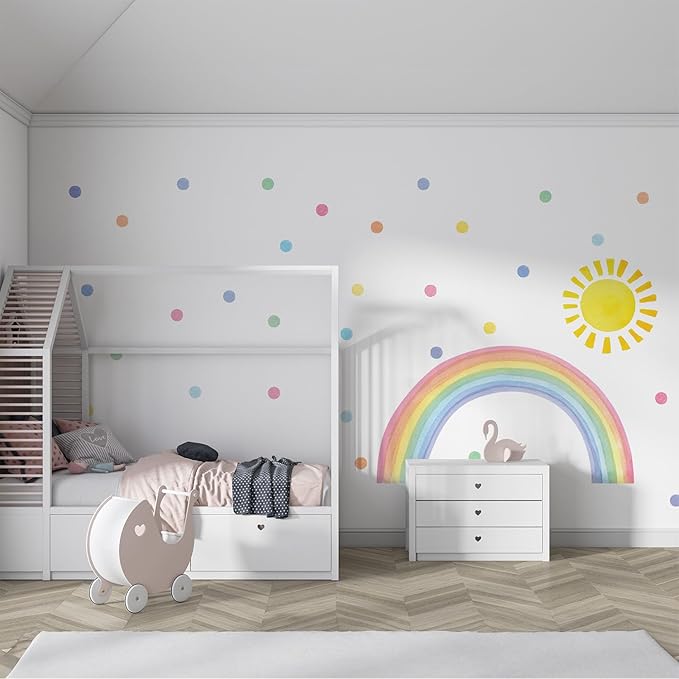 Watercolor Rainbow, Sun, Polka Dots Wall Decal for Kids Room, Nursery, Baby Room Decor, Polka Dots Mural, Rainbow Wallpaper (Rainbow-Sun-Polkadots, Medium)
