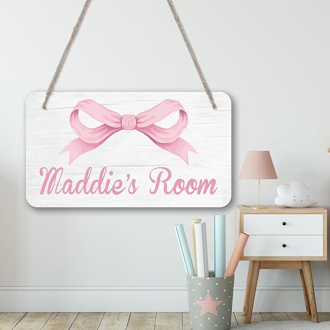 Personalized Pink Bow Kids Room Door Sign Custom Name Boys Girls Bedroom Decor Toddler Baby Nursery Wood Art Wall Plaque 12x6 Inches