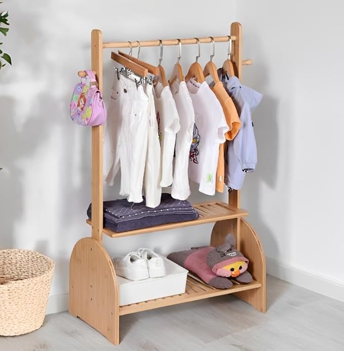 Kids Clothing Rack With Adjustable Rods, Children Clothes Garment Rack for Baby Pet, Dress Up Rack With 2 Bottom Shelves, Wardrobe Closet for Toddlers Nursery