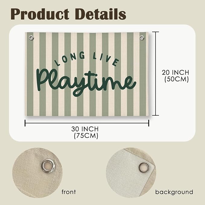 Playroom Decor, Long Live Playtime Wall Hanging Linen Banner, Blue Striped Wall Flag for Kids Room Nursery Playroom Decor, 20x30 Inch-Green