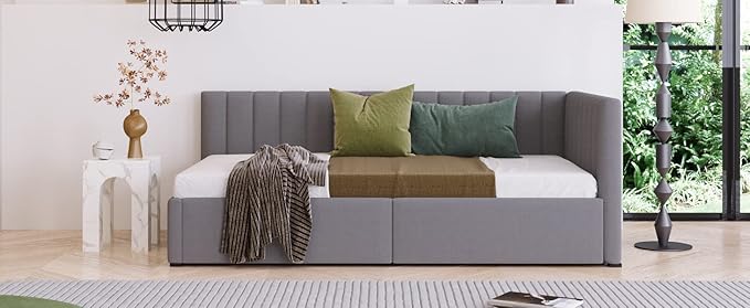 Harper & Bright Designs Upholstered Daybed with 2 Storage Drawers Twin Size Sofa Bed Frame No Box Spring Needed, Linen Fabric (Gray)