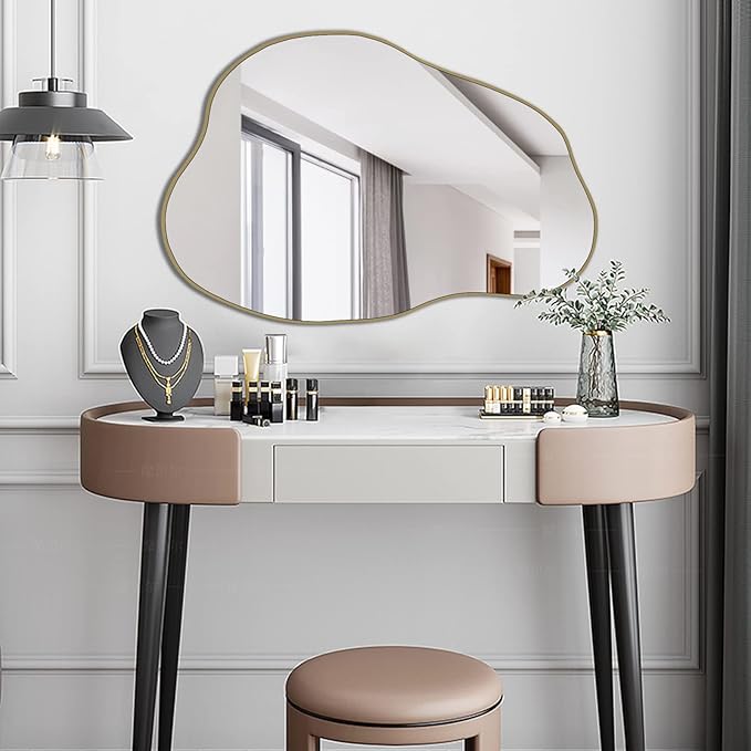 POZINO Gold Irregular Mirror, 30"x20.5" Cloud Shaped Mirrors, Unique Asymmetrical Wall Mirror, Modern Frameless Wall Mirrors for Living Room Bathroom Bedroom Entryway