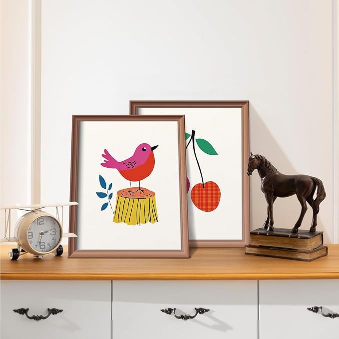 VONTP Kids Classroom Wall Art Decor, Eclectic Retro Bird Bee Cherry Cake Classroom Prints Poster Wall Decorations for Kids Nursery Toddler Girls Room Bedroom Playroom, 8x10 Inch Set of 4 (Unframed)