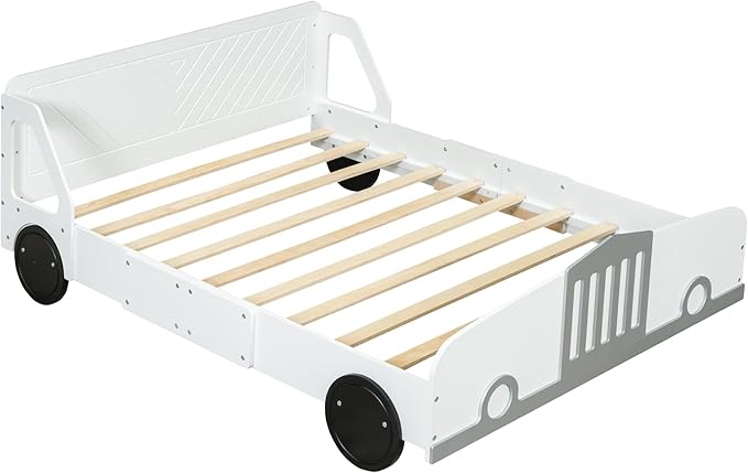 Full Size Car-Shaped Platform Bed with Wheels, Solid Wood Car Bed Frame with Strong Slatted Support for Kids Teens Boys Girls Bedroom, Fun Play Design Kids Floor Bed (White-WL55)