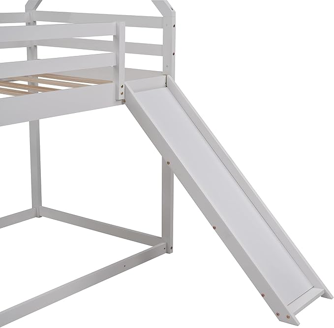 MERITLINE House Shaped Bunk Bed Twin Over Twin Size Wood Bunk Bed with Slide Low Bunk Beds for Boys and Girls, Twin Size, White