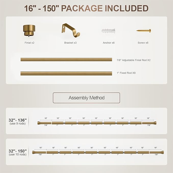 Brass Curtain Rods for Windows 72 to 144 Adjustable Modern Gold Curtain Rod 1 inch Diameter Heavy Duty with Solid Metal Finials for Living Room Bedroom Farmhouse Outdoor Patio