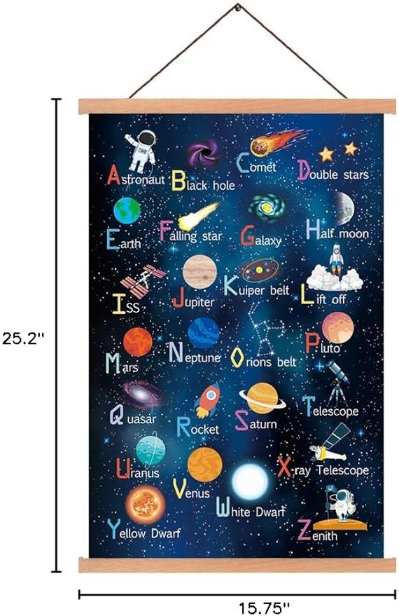 KAIRNE Outer Space Art Print With Wood Magnetic Poster Hanger Frame, Astronomy Alphabet Letters Canvas Wall Art,Abstract Universe Educational Poster,40X64CM Hanging Painting For Home Classroom Decor