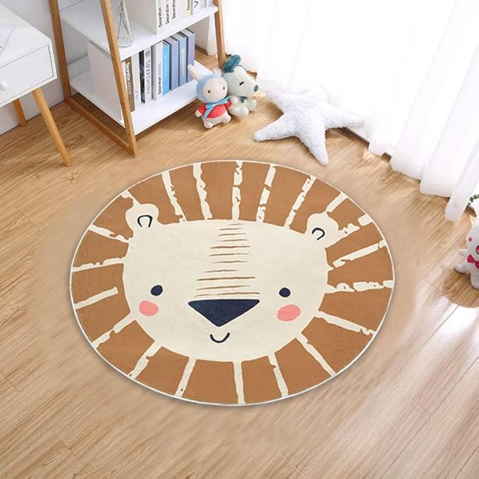 ABREEZE Kids Play Rug 2.6ft, Lion Round Area Rug, Nursery Door Mat, Soft Plush Non-Slip Children's Carpet for Bedroom, Living Room, Playroom
